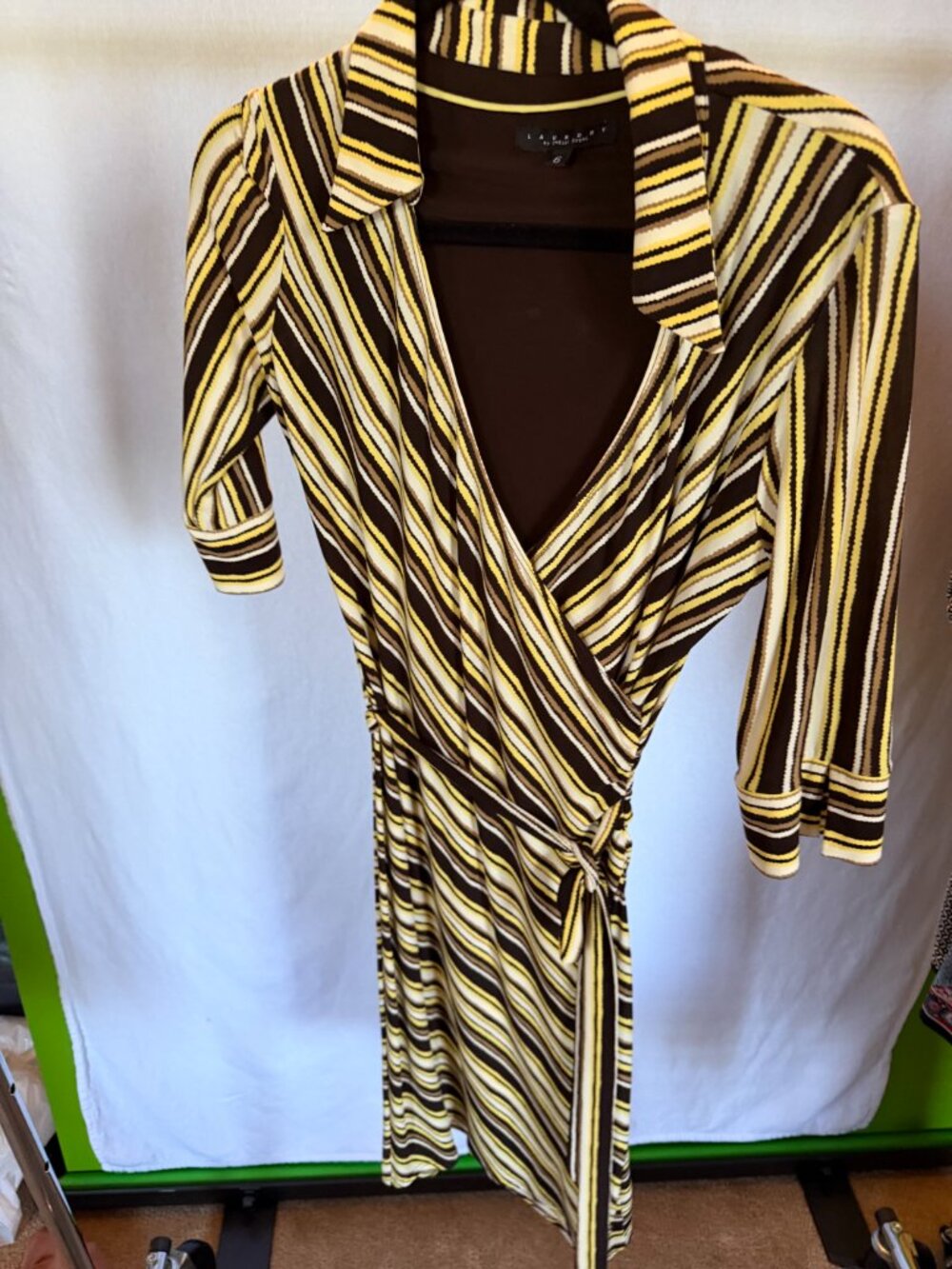 LAUNDRY BY SHELLI SEGAL Brown Yellow Striped Wrap Dress 6